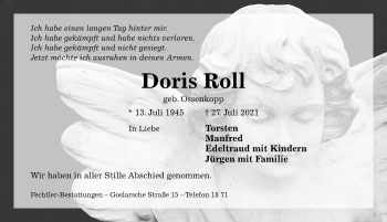 Traueranzeige von Doris Roll von Hildesheimer Allgemeine Zeitung