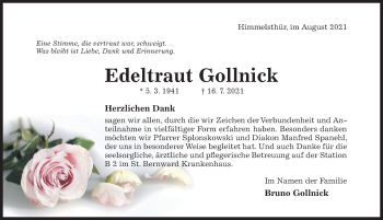 Traueranzeige von Edeltraut Gollnick von Hildesheimer Allgemeine Zeitung