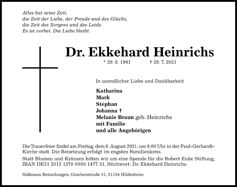  Traueranzeige für Ekkehard Heinrichs vom 03.08.2021 aus Hildesheimer Allgemeine Zeitung