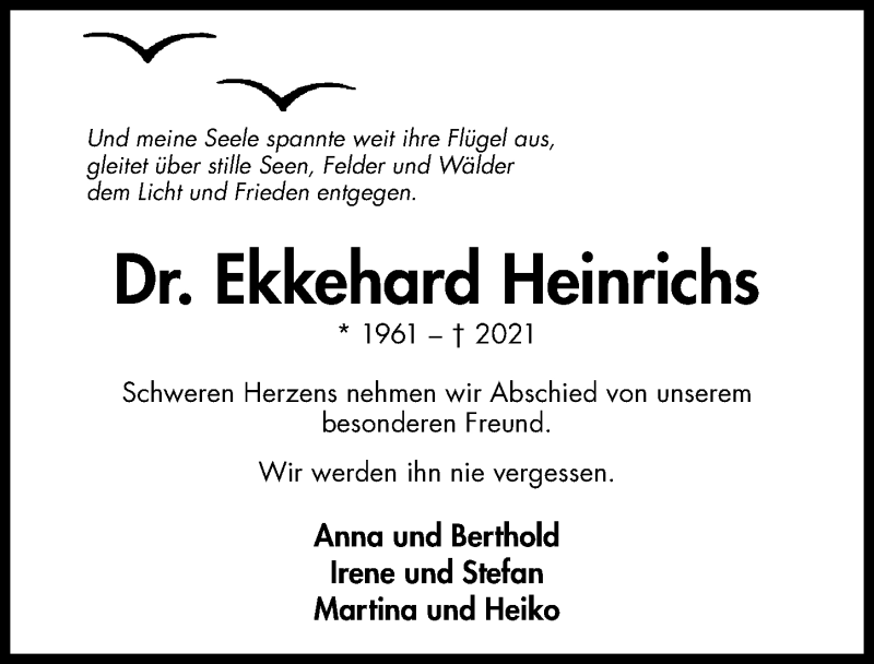  Traueranzeige für Ekkehard Heinrichs vom 03.08.2021 aus Hildesheimer Allgemeine Zeitung