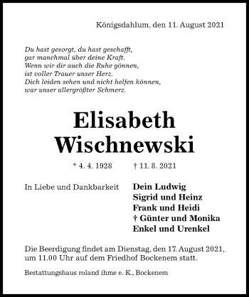 Traueranzeige von Elisabeth Wischnewski von Hildesheimer Allgemeine Zeitung