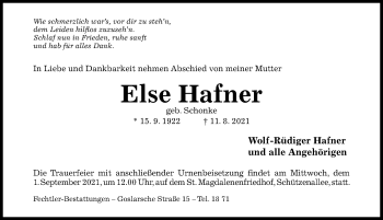 Traueranzeige von Else Hafner von Hildesheimer Allgemeine Zeitung