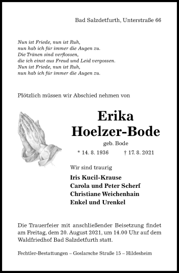 Traueranzeige von Erika Hoelzer-Bode von Hildesheimer Allgemeine Zeitung