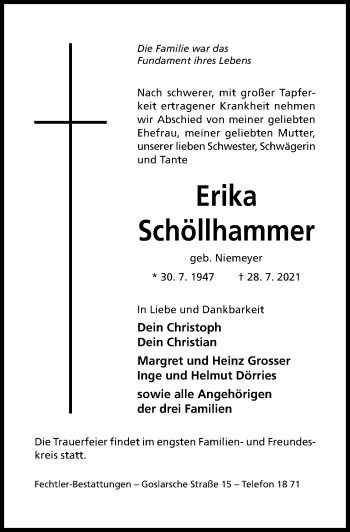Traueranzeige von Erika Schöllhammer von Hildesheimer Allgemeine Zeitung
