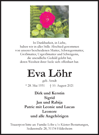 Traueranzeige von Eva Löhr von Hildesheimer Allgemeine Zeitung