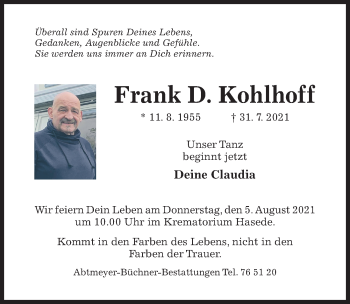 Traueranzeige von Frank D. Kohlhoff von Hildesheimer Allgemeine Zeitung