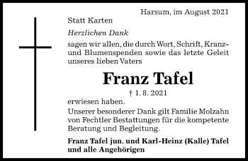 Traueranzeige von Franz Tafel von Hildesheimer Allgemeine Zeitung