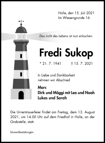 Traueranzeige von Fredi Sukop von Hildesheimer Allgemeine Zeitung