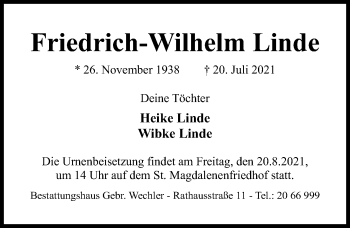 Traueranzeige von Friedrich-Wilhelm Linde von Hildesheimer Allgemeine Zeitung