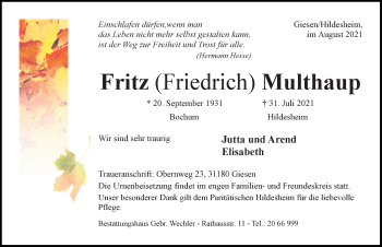 Traueranzeige von Fritz Multhaup von Hildesheimer Allgemeine Zeitung