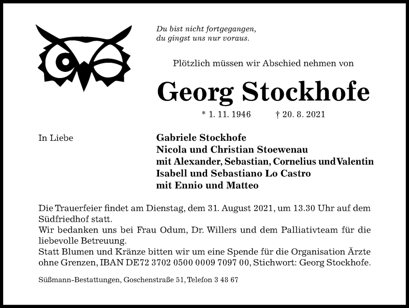  Traueranzeige für Georg Stockhofe vom 26.08.2021 aus Hildesheimer Allgemeine Zeitung