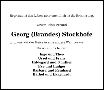 Traueranzeige von Georg Stockhofe von Hildesheimer Allgemeine Zeitung