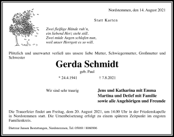 Traueranzeige von Gerda Schmidt von Hildesheimer Allgemeine Zeitung