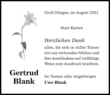 Traueranzeige von Gertrud Blank von Hildesheimer Allgemeine Zeitung