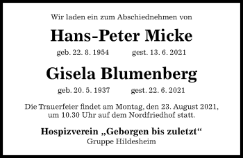 Traueranzeige von Gisela Blumenberg von Hildesheimer Allgemeine Zeitung