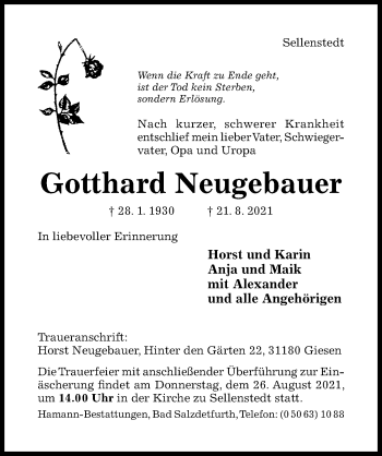 Traueranzeige von Gotthard Neugebauer von Hildesheimer Allgemeine Zeitung