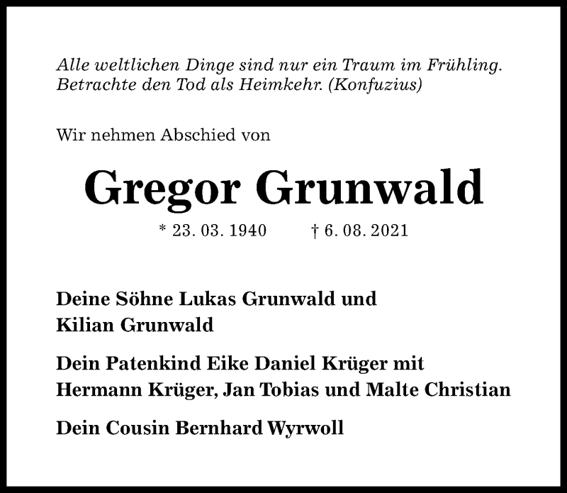 Traueranzeige für Gregor Grunwald vom 13.08.2021 aus Hildesheimer Allgemeine Zeitung
