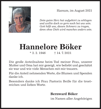 Traueranzeige von Hannelore Böker von Hildesheimer Allgemeine Zeitung
