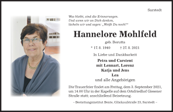 Traueranzeige von Hannelore Mohlfeld von Hildesheimer Allgemeine Zeitung