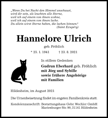 Traueranzeige von Hannelore Ulrich von Hildesheimer Allgemeine Zeitung