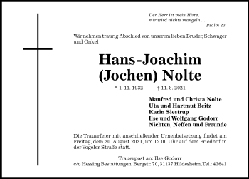 Traueranzeige von Hans-Joachim Nolte von Hildesheimer Allgemeine Zeitung
