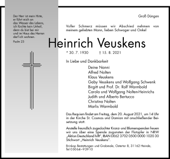 Traueranzeige von Heinrich Veuskens von Hildesheimer Allgemeine Zeitung