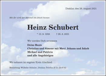Traueranzeige von Heinz Schubert von Hildesheimer Allgemeine Zeitung