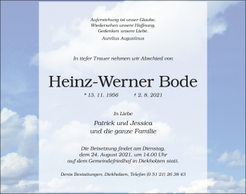 Traueranzeige von Heinz-Werner Bode von Hildesheimer Allgemeine Zeitung