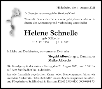 Traueranzeige von Helene Schnelle von Hildesheimer Allgemeine Zeitung