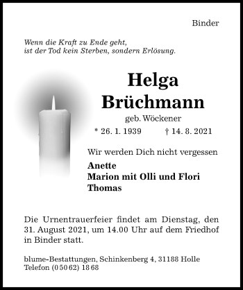 Traueranzeige von Helga Brüchmann von Hildesheimer Allgemeine Zeitung