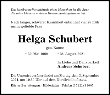 Traueranzeige von Helga Schubert von Hildesheimer Allgemeine Zeitung