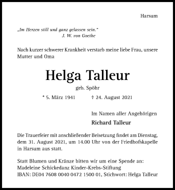 Traueranzeige von Helga Talleur von Hildesheimer Allgemeine Zeitung