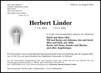 Traueranzeige von Herbert Linder von Hildesheimer Allgemeine Zeitung