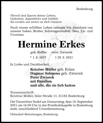 Traueranzeige von Hermine Erkes von Hildesheimer Allgemeine Zeitung