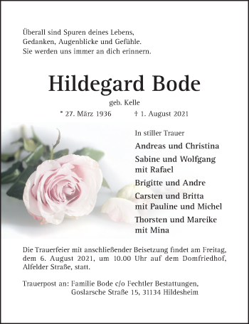 Traueranzeige von Hildegard Bode von Hildesheimer Allgemeine Zeitung