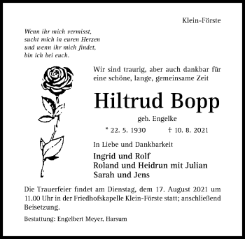 Traueranzeige von Hiltrud Bopp von Hildesheimer Allgemeine Zeitung