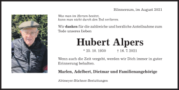 Traueranzeige von Hubert Alpers von Hildesheimer Allgemeine Zeitung