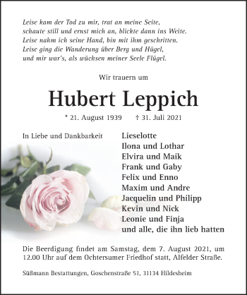 Traueranzeige von Hubert Leppich von Hildesheimer Allgemeine Zeitung