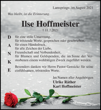 Traueranzeige von Ilse Hoffmeister von Hildesheimer Allgemeine Zeitung