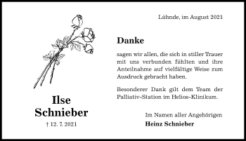 Traueranzeige von Ilse Schnieber von Hildesheimer Allgemeine Zeitung