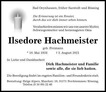 Traueranzeige von Ilsedore Hachmeister von Hildesheimer Allgemeine Zeitung