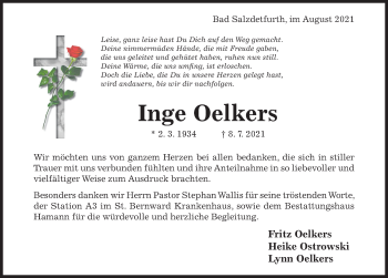 Traueranzeige von Inge Oelkers von Hildesheimer Allgemeine Zeitung