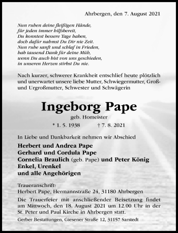 Traueranzeige von Ingeborg Pape von Hildesheimer Allgemeine Zeitung