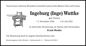 Traueranzeige von Ingeburg Wuttke von Hildesheimer Allgemeine Zeitung