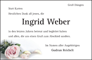 Traueranzeige von Ingrid Weber von Hildesheimer Allgemeine Zeitung