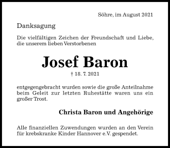 Traueranzeige von Josef Baron von Hildesheimer Allgemeine Zeitung