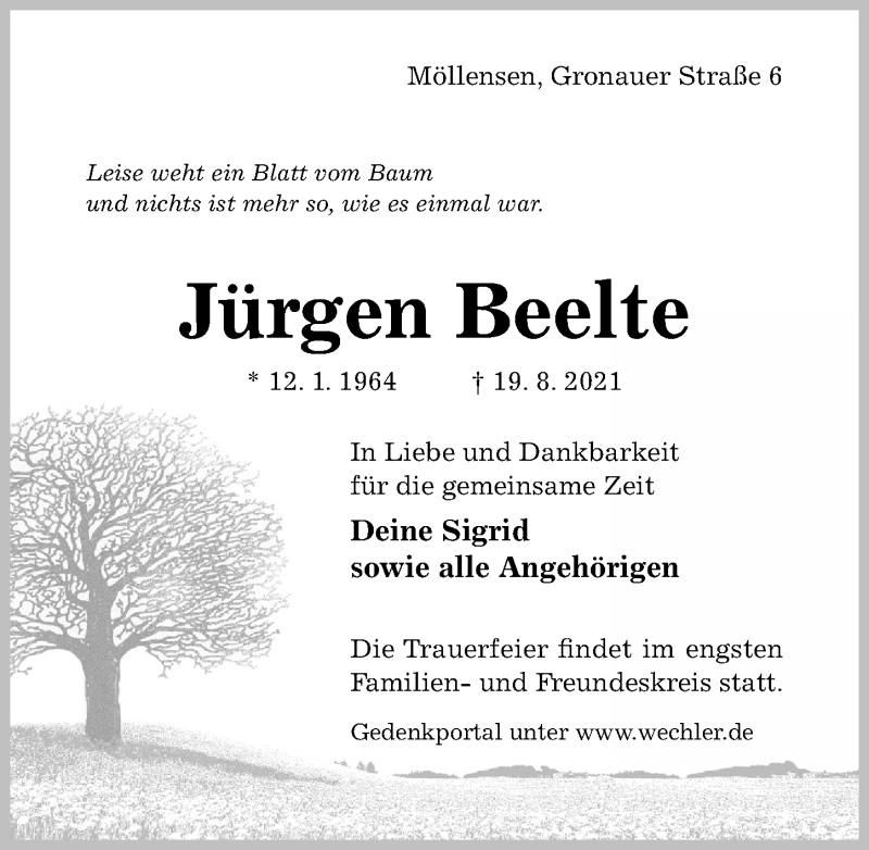  Traueranzeige für Jürgen Beelte vom 25.08.2021 aus Hildesheimer Allgemeine Zeitung
