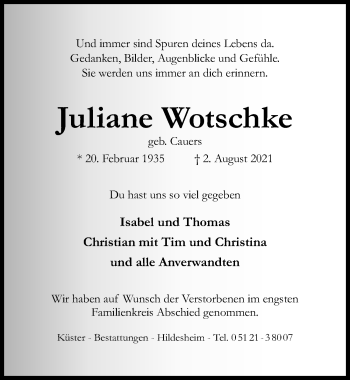 Traueranzeige von Juliane Wotschke von Hildesheimer Allgemeine Zeitung
