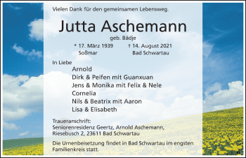 Traueranzeige von Jutta Aschemann von Hildesheimer Allgemeine Zeitung