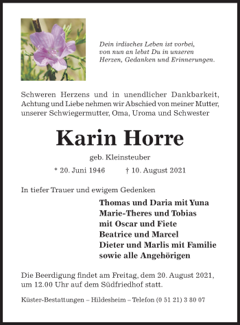 Traueranzeige von Karin Horre von Hildesheimer Allgemeine Zeitung